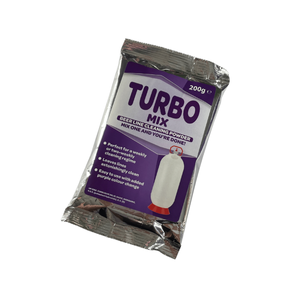 Close-up of a TURBO Mix sachet, a pre-measured beer line cleaner designed for efficiency and reducing waste, displayed against a clean background. Great draft line cleaner or blc cleaner.